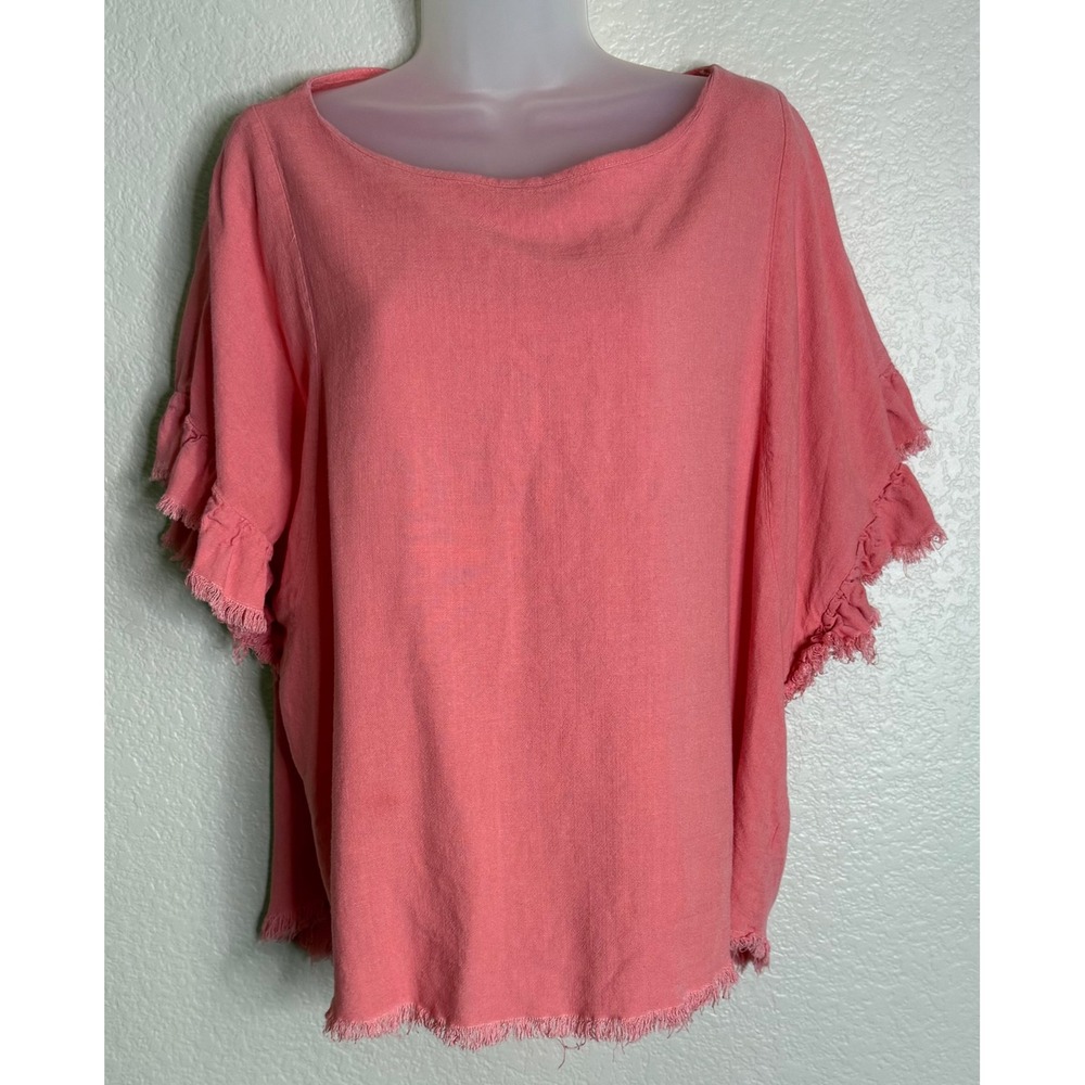 Umgee‎ Womens XL Top Coral Pink Linen Blend Frayed Ruffle Flutter Sleeve Boho